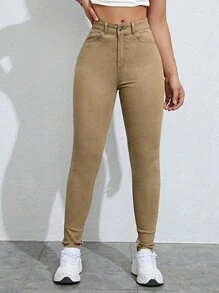 Jeans ajustados unicolor con bolsillo oblicuo - Caqui - Ver 4