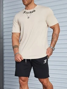 Manfinity Homme Men Letter Graphic Tee & Drawstring Waist Shorts - Khaki - View 1