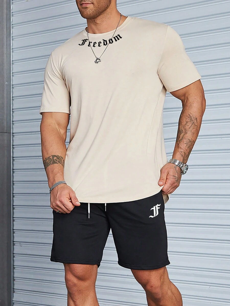 Manfinity Homme Men Letter Graphic Tee & Drawstring Waist Shorts - Khaki - View 1