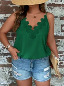 SHEIN LUNE 大碼拼接水溶蕾絲吊帶上衣 - 綠色 - 查看 2