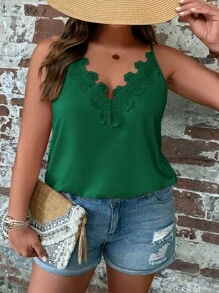 SHEIN LUNE 大碼拼接水溶蕾絲吊帶上衣 - 綠色 - 查看 4