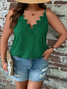 SHEIN LUNE 大碼拼接水溶蕾絲吊帶上衣 - 綠色 - 查看 5