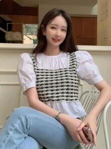 DAZY 格紋印花泡泡袖假兩件襯衫 - 黑與白 - 查看 4