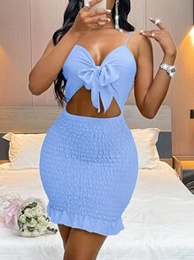 Zolique Tie Front Cut Out Ruffle Hem Cami Dress - Blue - View 4