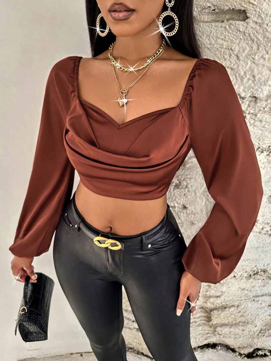 SHEIN Slayr Áo sơ mi nữ Vắt màu trơn Thanh lịch - Cà phê nâu - Xem 1