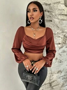 SHEIN Slayr Áo sơ mi nữ Vắt màu trơn Thanh lịch - Cà phê nâu - Xem 3