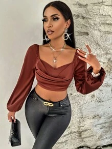 SHEIN Slayr Áo sơ mi nữ Vắt màu trơn Thanh lịch - Cà phê nâu - Xem 4