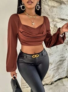 SHEIN Slayr Áo sơ mi nữ Vắt màu trơn Thanh lịch - Cà phê nâu - Xem 5