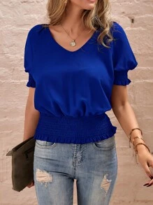 SHEIN LUNE Blusa unicolor de manga raglán ribete fruncido - Azul - Ver 6