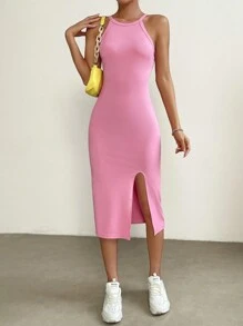 SHEIN EZwear Solid Split Thigh Halter Neck Bodycon Dress - Pink - View 3