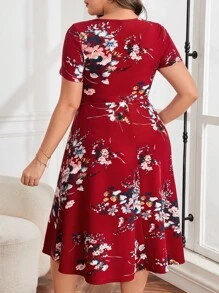 SHEIN Clasi Plus Floral Print A-line Dress - Burgundy - View 3