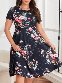 SHEIN Clasi 大碼印花A線洋裝 - 藏蓝色 - 查看 5