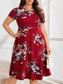 SHEIN Clasi Plus Floral Print A-line Dress - Burgundy - View 1