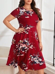 SHEIN Clasi Plus Floral Print A-line Dress - Burgundy - View 2