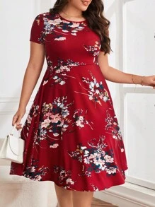 SHEIN Clasi Plus Floral Print A-line Dress - Burgundy - View 5