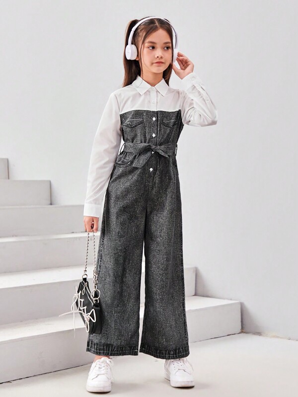 SHEIN Kids KDOMO Girls' Denimlook Shirt Style Jumpsuit With Floral