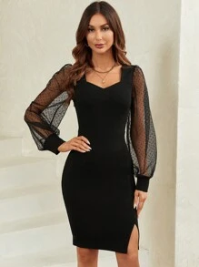 SHEIN Clasi Contrast Mesh Lantern Sleeve Split Hem Bodycon Dress