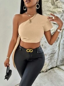 SHEIN Slayr 一字肩結邊裁剪上衣 - 卡其色 - 查看 6