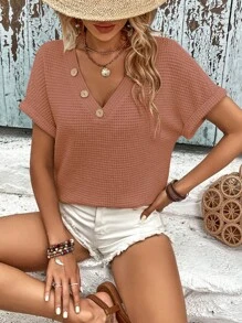 SHEIN LUNE 紐扣細節蝙蝠袖華夫格編織T恤 - 鏽棕色 - 查看 3