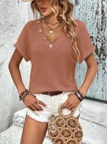 SHEIN LUNE 紐扣細節蝙蝠袖華夫格編織T恤 - 鏽棕色 - 查看 5