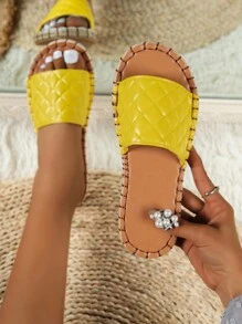 Women's Check Patterned Woven Straw Vacation Sandals - Yellow - View 1