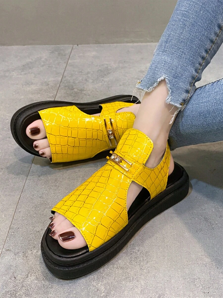 女士黃色鱷魚紋坡跟跟涼鞋帶水鑽裝飾用品 - 黃色 - 查看 1