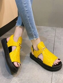 女士黃色鱷魚紋坡跟跟涼鞋帶水鑽裝飾用品 - 黃色 - 查看 3