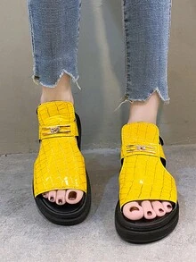女士黃色鱷魚紋坡跟跟涼鞋帶水鑽裝飾用品 - 黃色 - 查看 4