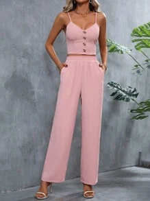 SHEIN Privé 素色前紐扣吊帶上衣和褲子 - 粉色 - 查看 5