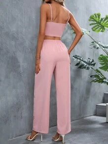 SHEIN Privé 素色前紐扣吊帶上衣和褲子 - 粉色 - 查看 2