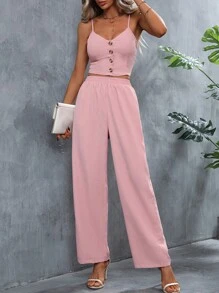 SHEIN Privé 素色前紐扣吊帶上衣和褲子 - 粉色 - 查看 3
