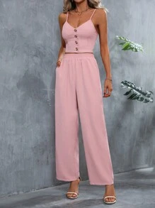 SHEIN Privé 素色前紐扣吊帶上衣和褲子 - 粉色 - 查看 4