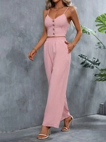 SHEIN Privé 素色前紐扣吊帶上衣和褲子 - 粉色 - 查看 1