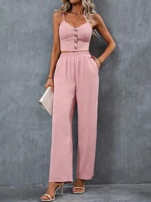 SHEIN Privé 素色前紐扣吊帶上衣和褲子 - 粉色 - 查看 6