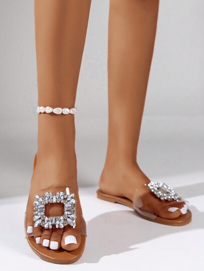 Beach Vacation Rhinestone Square Buckle Brown Transparent Flat Women's Sandals