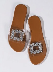 Beach Vacation Rhinestone Square Buckle Brown Transparent Flat Women's Sandals,Spring Summer Outfits - Brown - View 6