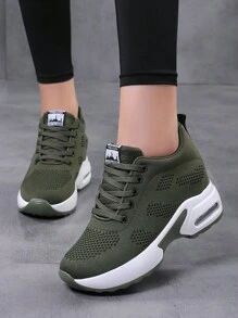 Fall/Winter Women Letter Patch Decor Lace Up Front Sneakers, Sporty Outdoor Fabric Wedge Sneakers