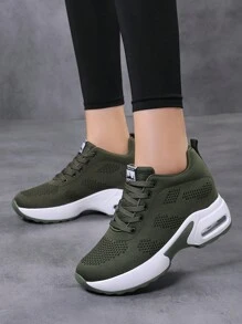 Fall/Winter Women Letter Patch Decor Lace Up Front Sneakers, Sporty Outdoor Fabric Wedge Sneakers