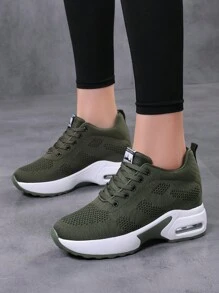 Fall/Winter Women Letter Patch Decor Lace Up Front Sneakers, Sporty Outdoor Fabric Wedge Sneakers