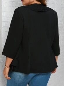 SHEIN Clasi Plus Contrast Lace Ruffle Trim Open Front Blazer - Black - View 2