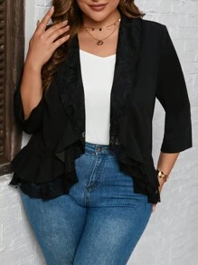 SHEIN Clasi Plus Contrast Lace Ruffle Trim Open Front Blazer - Black - View 3
