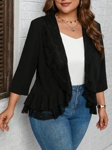 SHEIN Clasi Plus Contrast Lace Ruffle Trim Open Front Blazer - Black - View 6