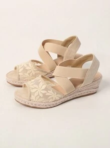 女士时尚草编、网眼和绳编透气坡跟厚底凉鞋、休闲度假装 - 杏色 - 查看 4