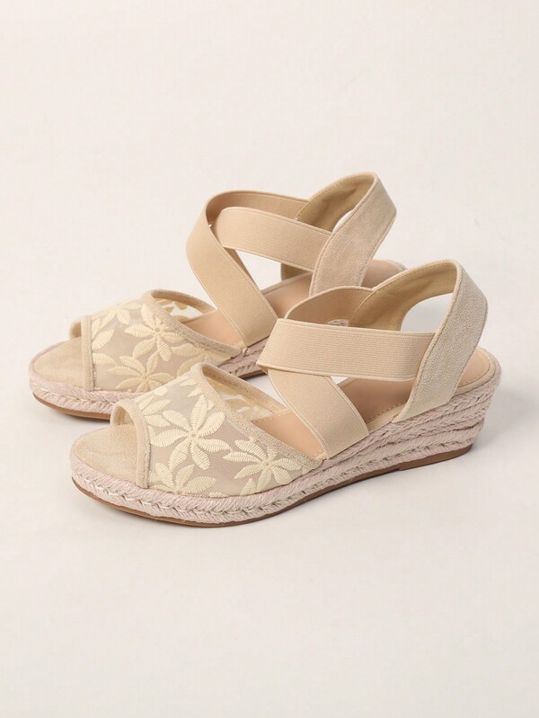 Fashionable Beach Style Apricot Flower Accent Platform Wedge Sandals