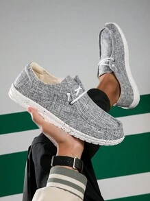 Men Lace Up Design Slip On Loafers, Fashionable Outdoor Fabric Boat Shoes - Grey - View 2