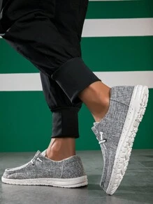 Men Lace Up Design Slip On Loafers, Fashionable Outdoor Fabric Boat Shoes - Grey - View 3