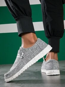 Men Lace Up Design Slip On Loafers, Fashionable Outdoor Fabric Boat Shoes - Grey - View 4