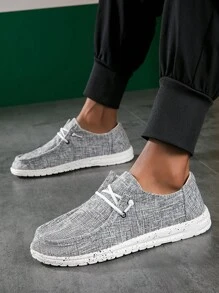 Men Lace Up Design Slip On Loafers, Fashionable Outdoor Fabric Boat Shoes - Grey - View 5