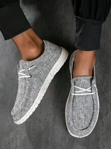 Men Lace Up Design Slip On Loafers, Fashionable Outdoor Fabric Boat Shoes - Grey - View 6