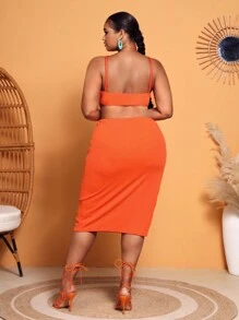 Slaydiva 大碼鏤空高衩掛脖連衣裙 - 橘色 - 查看 2